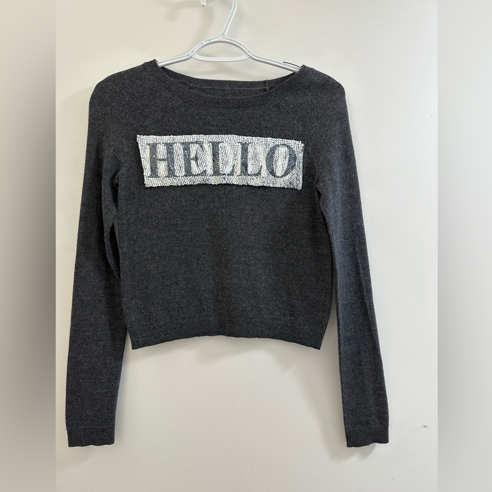 Alice + Olivia Charcoal Sweater with Silver Sequin 'Hello'